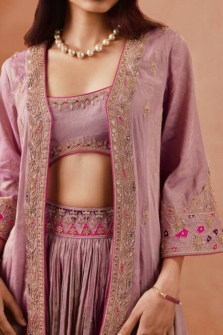 Punit Balana_Purple Silk Diamonds, Sequins, Zari Scoop Lilac Dori Embroidered Cape Skirt Set _Online_at_Aza_Fashions