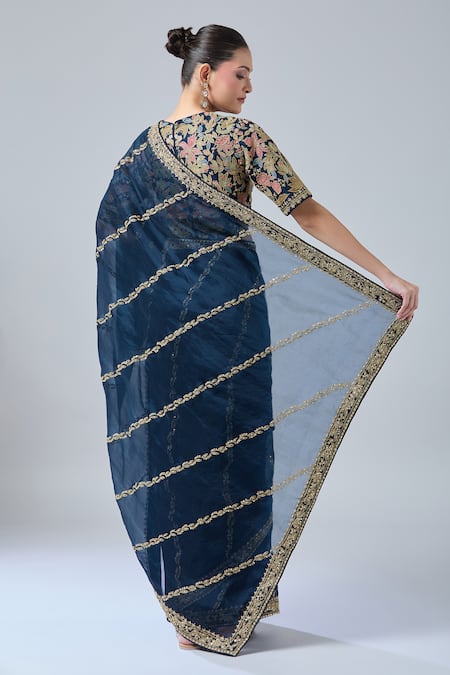 Shop Azeera Blue Chiffon Diamonds, Embroidery, Sequins V-neck Floral Saree Set at Aza Fashions Shop_Azeera_Blue Chiffon Diamonds, Embroidery, Sequins V-neck Floral Saree Set _at_Aza_Fashions