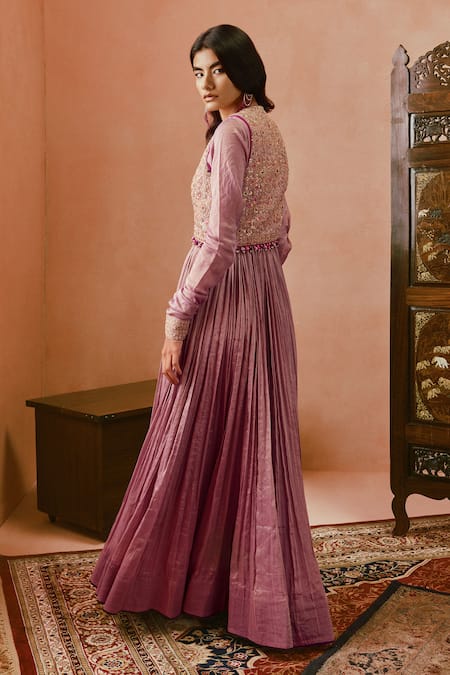Shop_Punit Balana_Purple Silk Sequins, Diamonds V-, Open Embroidered Koti And Anarkali Set _at_Aza_Fashions