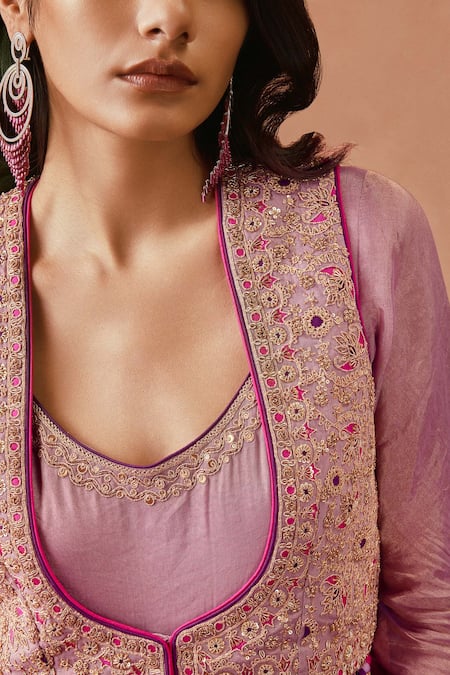 Buy_Punit Balana_Purple Silk Sequins, Diamonds V-, Open Embroidered Koti And Anarkali Set _Online_at_Aza_Fashions