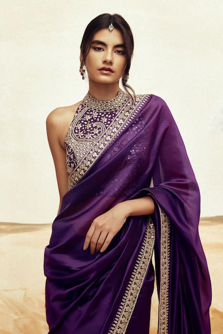 Punit Balana_Purple Organza, Mirrors, Embroidery Halter Marodi Saree And Blouse _Online_at_Aza_Fashions