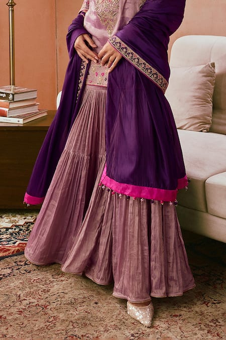 Punit Balana_Lilac Brocade, Organza Embroidery, Applique Round Neck Kurta Gharara Set _Online_at_Aza_Fashions