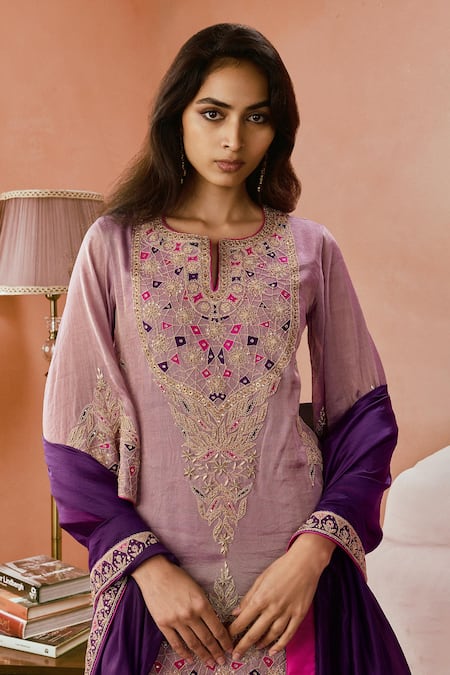 Buy_Punit Balana_Lilac Brocade, Organza Embroidery, Applique Round Neck Kurta Gharara Set _Online_at_Aza_Fashions