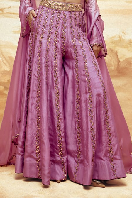 Punit Balana_Purple Silk Sequins, Embroidery Scoop Neck Embellished Cape And Sharara Set _Online_at_Aza_Fashions