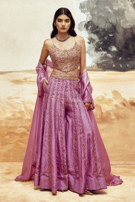 Shop_Punit Balana_Purple Silk Sequins, Embroidery Scoop Neck Embellished Cape And Sharara Set _Online_at_Aza_Fashions