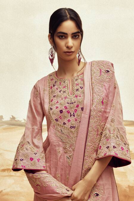 Buy Punit Balana Pink Silk Embroidery Round Neck Dusky Marodi Anarkali Set Online at Aza Fashions Buy_Punit Balana_Pink Silk Embroidery Round Neck Dusky Marodi Anarkali Set _Online_at_Aza_Fashions