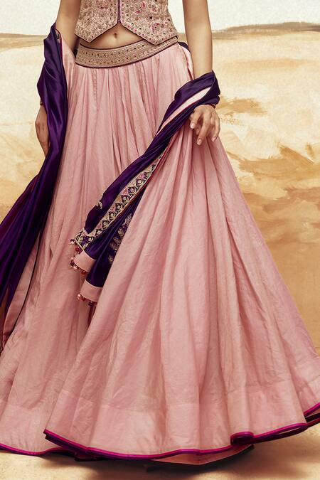 Punit Balana Pink Brocade, Silk, Organza Embroidery V-neck Dusky Applique Lehenga Set Online at Aza Fashions Punit Balana_Pink Brocade, Silk, Organza Embroidery V-neck Dusky Applique Lehenga Set _Online_at_Aza_Fashions