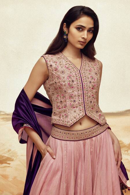 Buy Punit Balana Pink Brocade, Silk, Organza Embroidery V-neck Dusky Applique Lehenga Set Online at Aza Fashions Buy_Punit Balana_Pink Brocade, Silk, Organza Embroidery V-neck Dusky Applique Lehenga Set _Online_at_Aza_Fashions