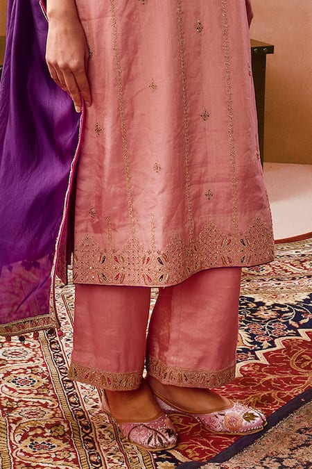 Punit Balana_Pink , Tissue, Organza Embroidery V-neck Marodi Kurta Pant Set _Online_at_Aza_Fashions