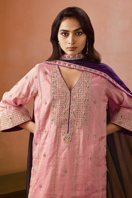 Buy_Punit Balana_Pink , Tissue, Organza Embroidery V-neck Marodi Kurta Pant Set _Online_at_Aza_Fashions