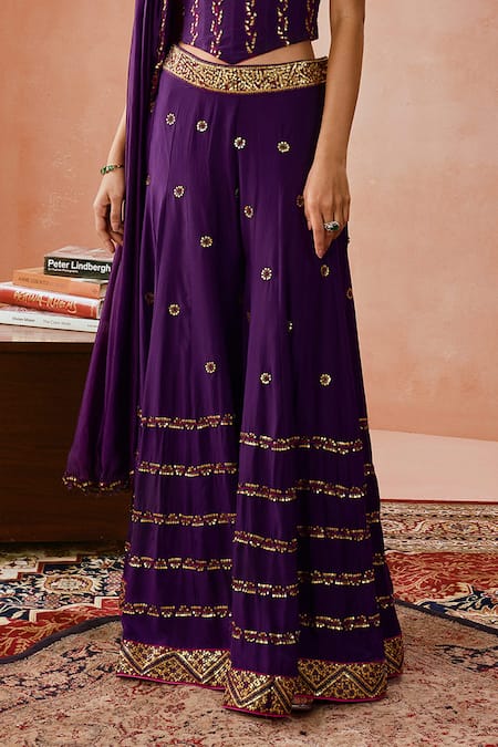 Punit Balana_Purple , Organza Metallic Thread, Embroidery And Coin Corset Sharara Set _Online_at_Aza_Fashions