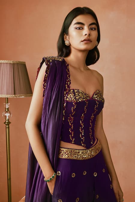 Buy_Punit Balana_Purple , Organza Metallic Thread, Embroidery And Coin Corset Sharara Set _Online_at_Aza_Fashions