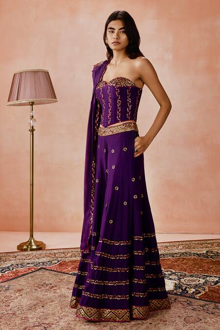 Shop_Punit Balana_Purple , Organza Metallic Thread, Embroidery And Coin Corset Sharara Set _Online_at_Aza_Fashions