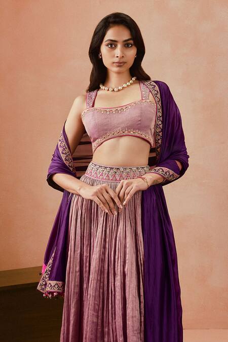 Punit Balana_Lilac Tissue, Silk, Organza Embroidery, Zari Square Neck Zardozi Lehenga Set _Online_at_Aza_Fashions