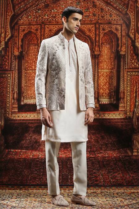 Shop Asuka Ivory Silk Pearls, Sequins Embroidered Bandhgala Kurta Pyjama Set Online at Aza Fashions Shop_Asuka_Ivory Silk Pearls, Sequins Embroidered Bandhgala Kurta Pyjama Set _Online_at_Aza_Fashions