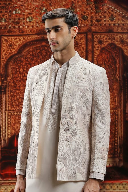 Asuka Ivory Silk Pearls, Sequins Embroidered Bandhgala Kurta Pyjama Set at Aza Fashions Asuka_Ivory Silk Pearls, Sequins Embroidered Bandhgala Kurta Pyjama Set _at_Aza_Fashions