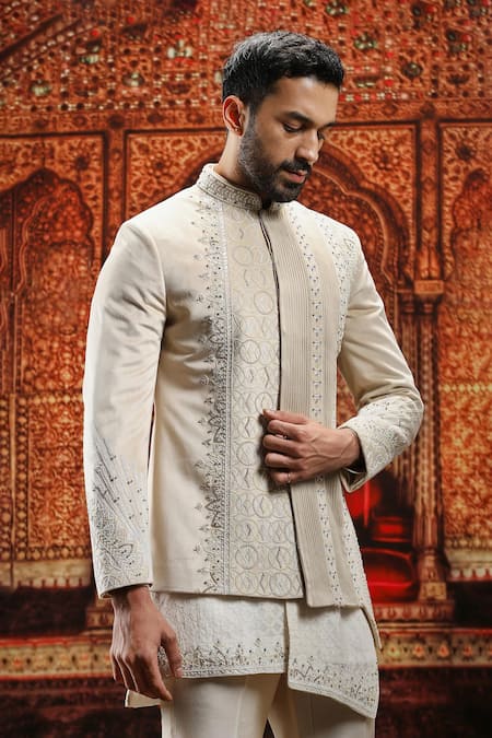 Buy_Asuka_Ivory Velvet Pearls, Sequins Nalki Embroidered Bandhgala Set _Online_at_Aza_Fashions