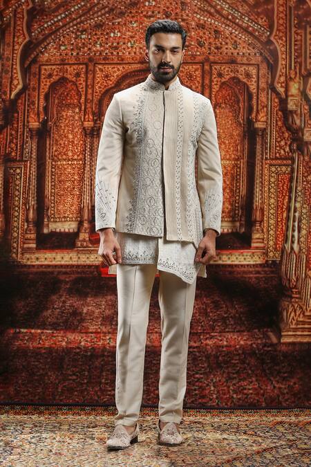 Shop_Asuka_Ivory Velvet Pearls, Sequins Nalki Embroidered Bandhgala Set _Online_at_Aza_Fashions