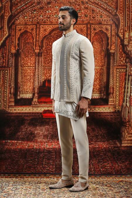 Asuka_Ivory Velvet Pearls, Sequins Nalki Embroidered Bandhgala Set _at_Aza_Fashions