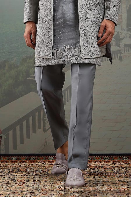 Asuka_Gray Silk Embroidery, Sequins, Cut Work Dabka Grey Sherwani Set _Online_at_Aza_Fashions