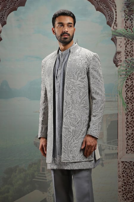 Buy_Asuka_Gray Silk Embroidery, Sequins, Cut Work Dabka Grey Sherwani Set _Online_at_Aza_Fashions