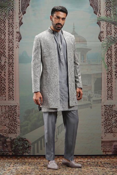 Shop_Asuka_Gray Silk Embroidery, Sequins, Cut Work Dabka Grey Sherwani Set _Online_at_Aza_Fashions