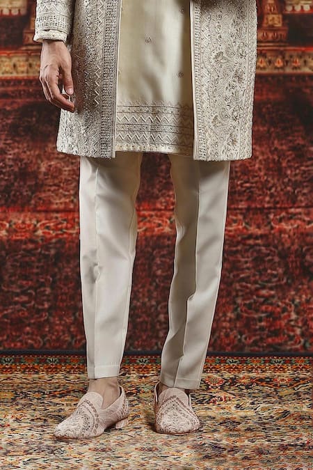 Asuka_Ivory Silk Pearls, Cut Work Geometric Embroidered Sherwani Set _Online_at_Aza_Fashions