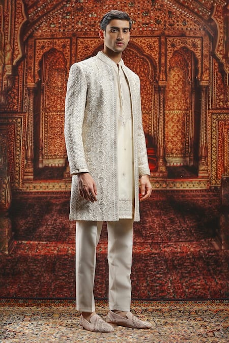 Buy_Asuka_Ivory Silk Pearls, Cut Work Geometric Embroidered Sherwani Set _Online_at_Aza_Fashions