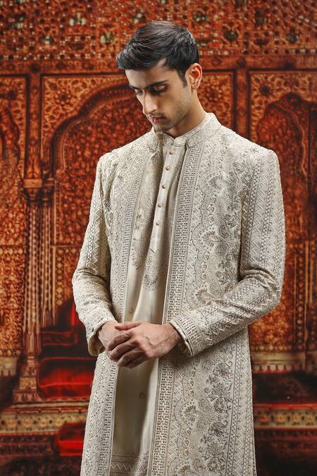 Shop_Asuka_Ivory Silk Pearls, Cut Work Geometric Embroidered Sherwani Set _Online_at_Aza_Fashions