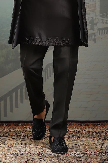 Asuka_Black Silk Pearls Tonal French Knot Embroidered Sherwani Set _Online_at_Aza_Fashions