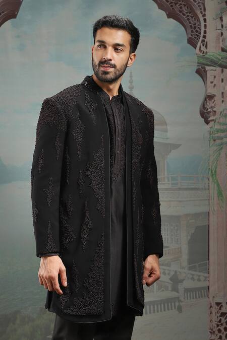 Buy_Asuka_Black Silk Pearls Tonal French Knot Embroidered Sherwani Set _Online_at_Aza_Fashions