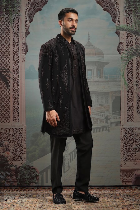 Shop_Asuka_Black Silk Pearls Tonal French Knot Embroidered Sherwani Set _Online_at_Aza_Fashions