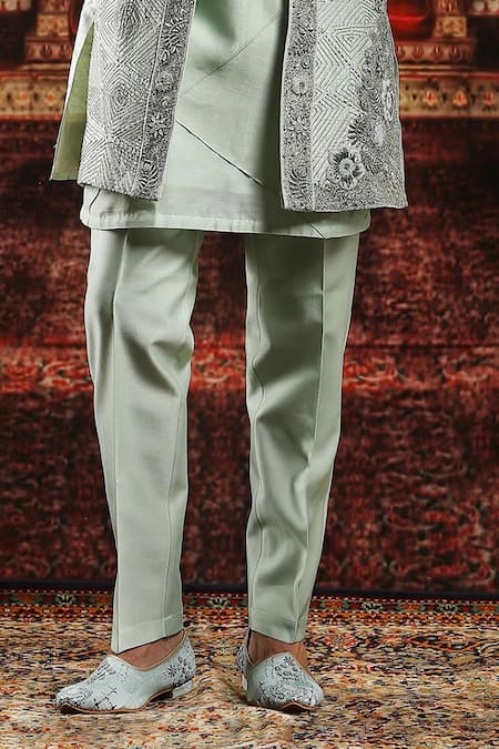 Asuka_Green Silk, Embroidery, Zari, Mint Zardozi Sherwani Set _Online_at_Aza_Fashions