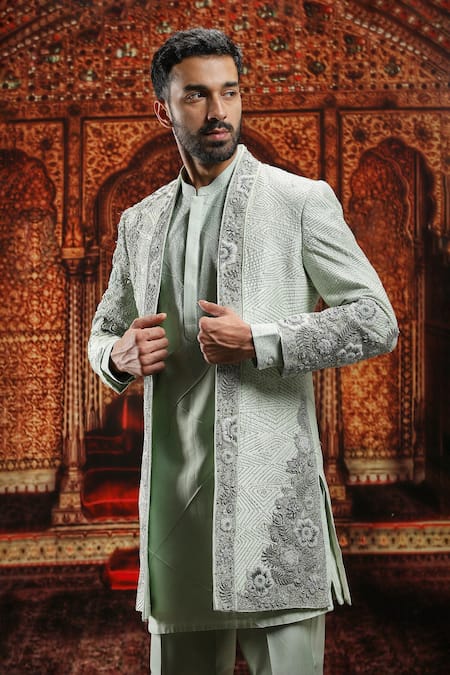 Buy_Asuka_Green Silk, Embroidery, Zari, Mint Zardozi Sherwani Set _Online_at_Aza_Fashions