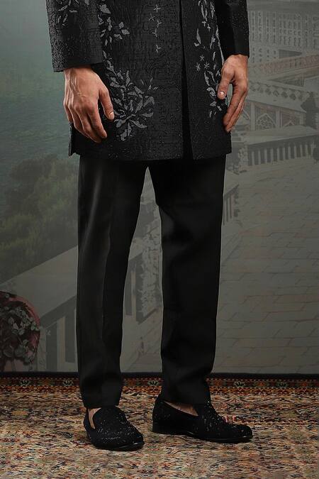 Asuka_Black Silk Pearls, Sequins Tonal Floral Embroidered Sherwani Set _Online_at_Aza_Fashions
