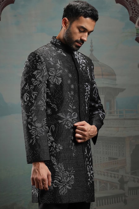 Buy_Asuka_Black Silk Pearls, Sequins Tonal Floral Embroidered Sherwani Set _Online_at_Aza_Fashions