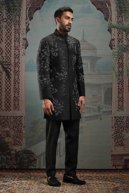 Shop_Asuka_Black Silk Pearls, Sequins Tonal Floral Embroidered Sherwani Set _Online_at_Aza_Fashions