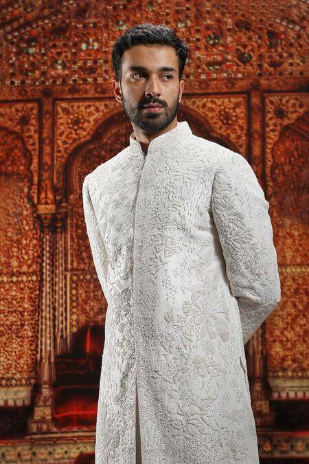Shop Asuka Ivory Silk Embroidery, Sequins, Pearls Floral Sherwani And Pyjama Set Online at Aza Fashions Shop_Asuka_Ivory Silk Embroidery, Sequins, Pearls Floral Sherwani And Pyjama Set _Online_at_Aza_Fashions