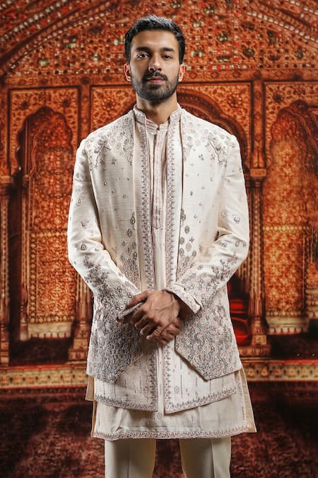 Buy Asuka Beige Silk, Embroidered Open Layered Sherwani And Kurta Set Online at Aza Fashions Buy_Asuka_Beige Silk, Embroidered Open Layered Sherwani And Kurta Set _Online_at_Aza_Fashions