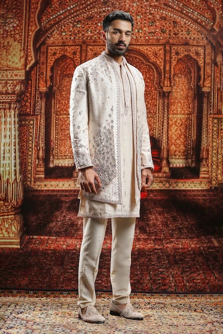 Shop Asuka Beige Silk, Embroidered Open Layered Sherwani And Kurta Set Online at Aza Fashions Shop_Asuka_Beige Silk, Embroidered Open Layered Sherwani And Kurta Set _Online_at_Aza_Fashions