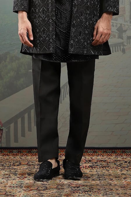 Asuka_Black Velvet Pearls, Cut Work, Diamonds Embroidered Sherwani Set _Online_at_Aza_Fashions