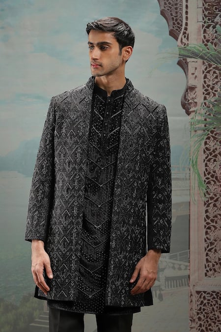 Buy_Asuka_Black Velvet Pearls, Cut Work, Diamonds Embroidered Sherwani Set _Online_at_Aza_Fashions