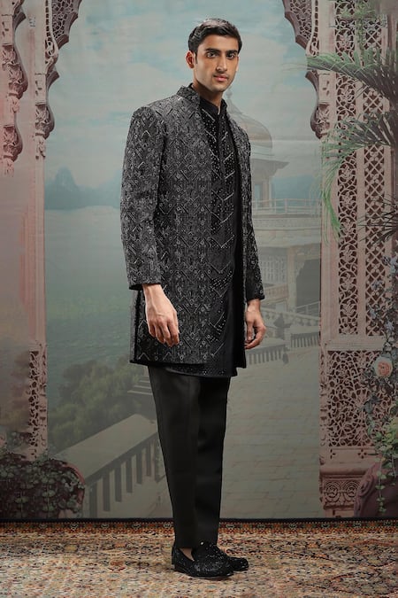 Shop_Asuka_Black Velvet Pearls, Cut Work, Diamonds Embroidered Sherwani Set _Online_at_Aza_Fashions