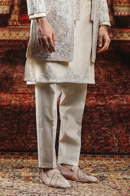 Asuka_Ivory Jacquard Pearls, Patchwork Embroidered Zari Open Sherwani And Kurta Set _Online_at_Aza_Fashions