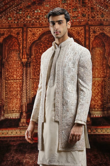 Buy_Asuka_Ivory Jacquard Pearls, Patchwork Embroidered Zari Open Sherwani And Kurta Set _Online_at_Aza_Fashions