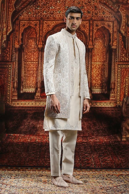 Shop_Asuka_Ivory Jacquard Pearls, Patchwork Embroidered Zari Open Sherwani And Kurta Set _Online_at_Aza_Fashions