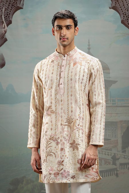 Buy Asuka Ivory Jacquard, Cotton Pearls, Sequins Embroidered Kurta Set With Pyjama Online at Aza Fashions Buy_Asuka_Ivory Jacquard, Cotton Pearls, Sequins Embroidered Kurta Set With Pyjama _Online_at_Aza_Fashions