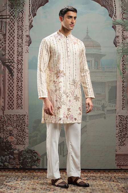 Shop Asuka Ivory Jacquard, Cotton Pearls, Sequins Embroidered Kurta Set With Pyjama Online at Aza Fashions Shop_Asuka_Ivory Jacquard, Cotton Pearls, Sequins Embroidered Kurta Set With Pyjama _Online_at_Aza_Fashions