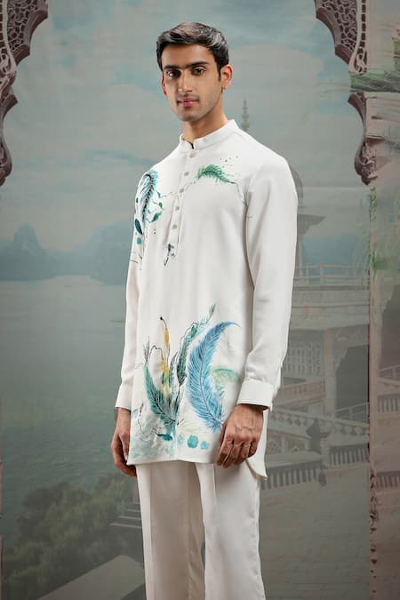 Asuka_White Silk Cut Work Feather Handpainted Short Kurta Set _Online_at_Aza_Fashions