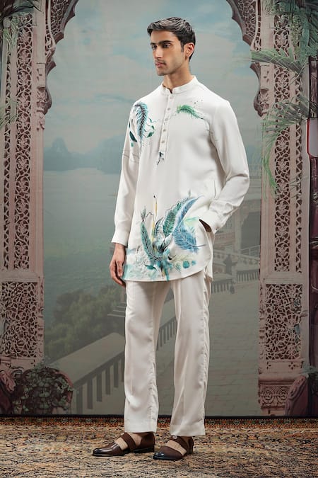 Buy_Asuka_White Silk Cut Work Feather Handpainted Short Kurta Set _Online_at_Aza_Fashions